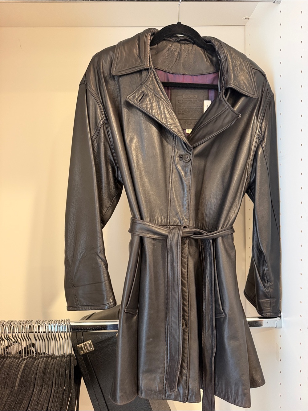 Coach Black Leather Trench Coat with Belt